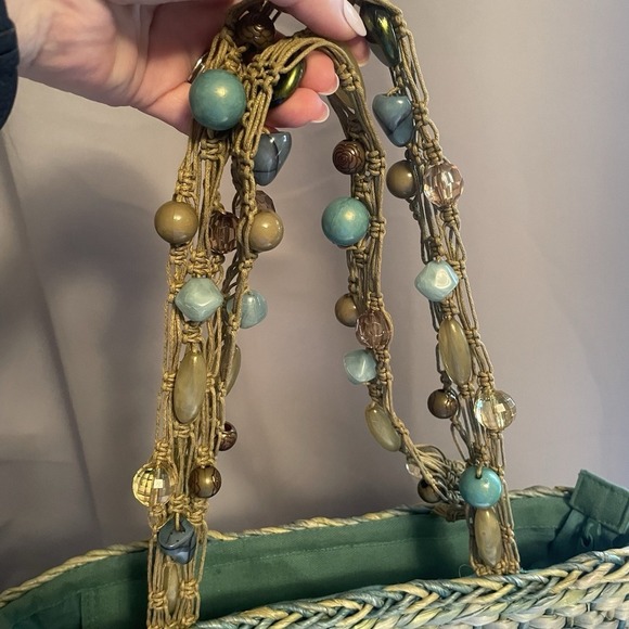 Cappelli Straworld Inc Beaded Strap Green Cornhusk Woven Tote Bag Purse Handbag - Picture 2 of 13